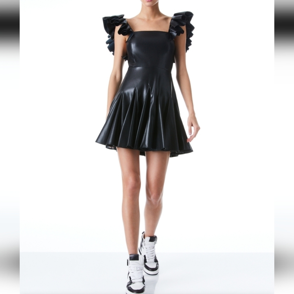 Alice + Olivia Ginny Faux Ruffle Sleeve Black Dress Size 12